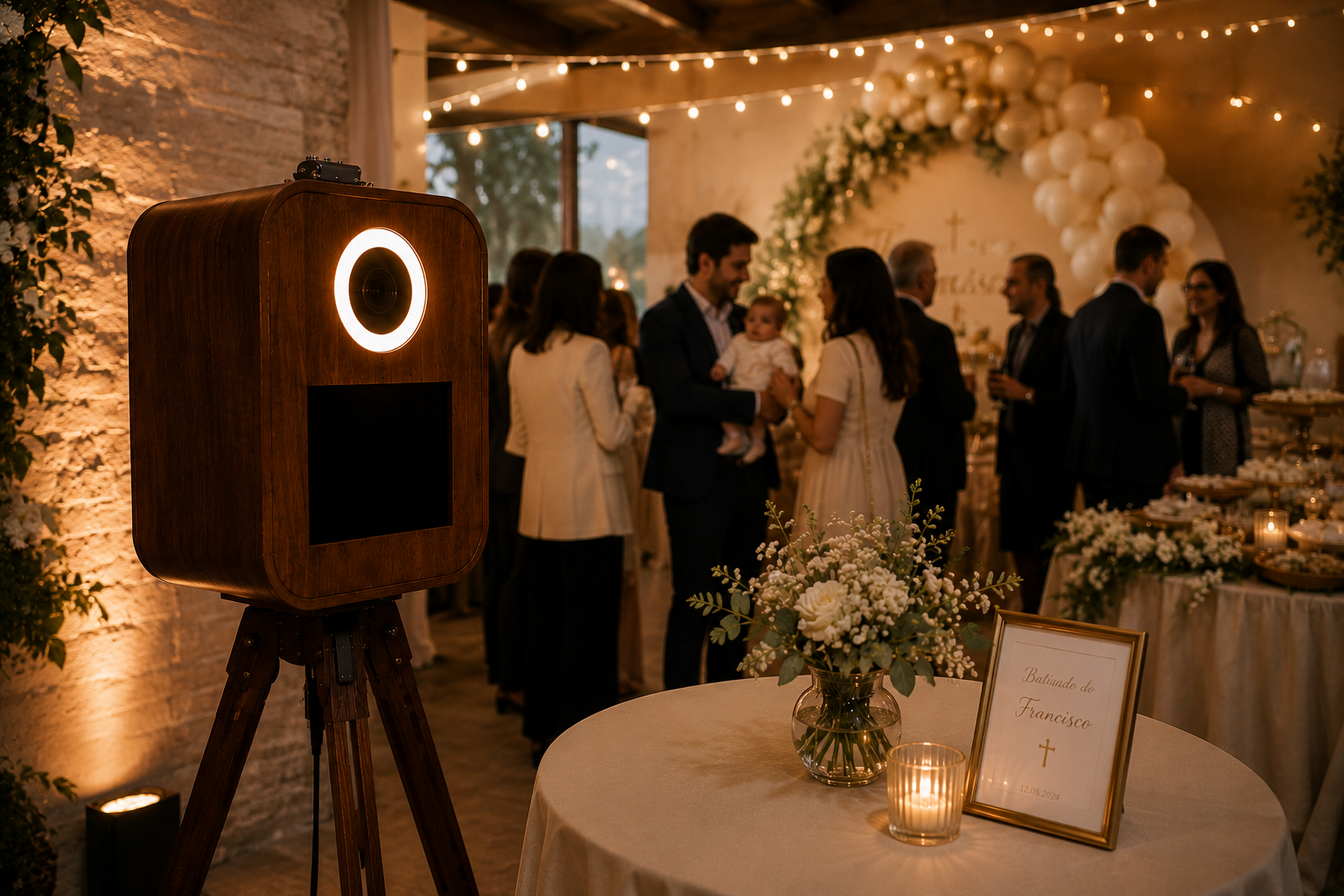 Família e convidados num batizado acolhedor com o photobooth