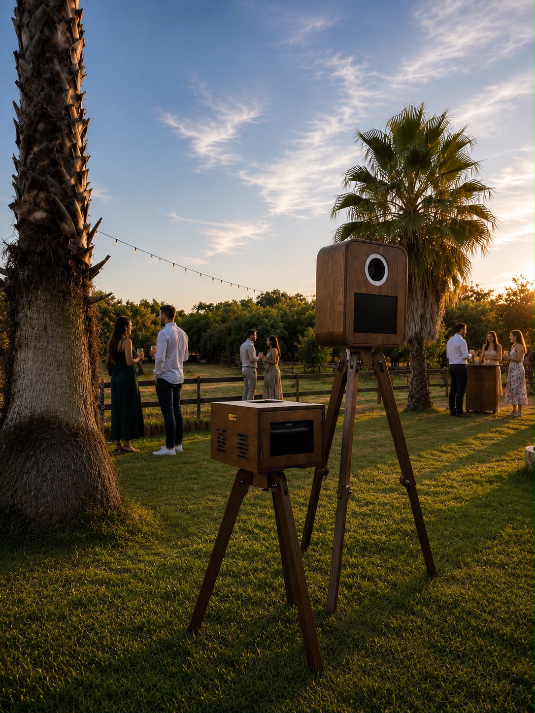 Photobooth retro num casamento ao pôr do sol, convidados a conviver com luzes quentes